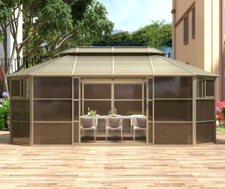 Double-roof sunroom, zinc-tile roof, polycarbonate walls