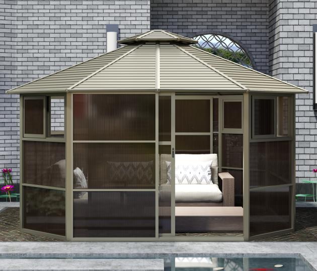 Double-roof sunroom, zinc-tile roof, polycarbonate walls