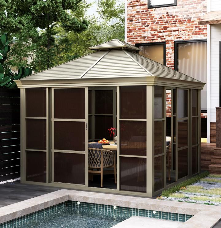 Double-roof sunroom, galvanised steel roof, polycarbonate walls