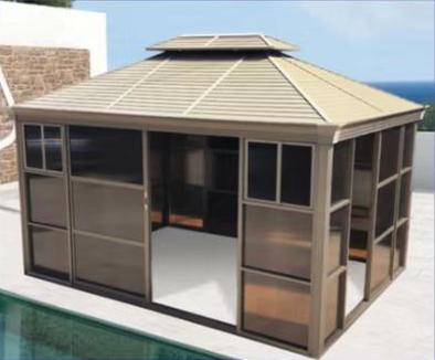 Double-roof sunroom, galvanised steel roof, polycarbonate walls