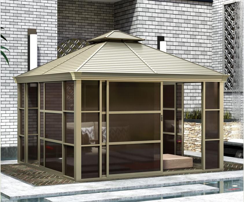 Double-roof sunroom, galvanised steel roof, polycarbonate walls