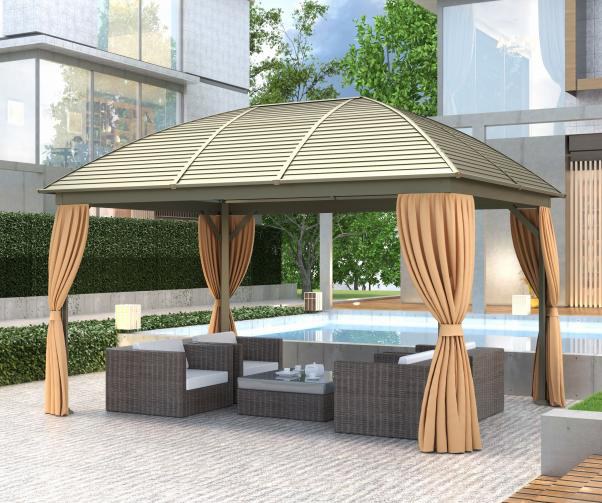 Single-roof gazebo, large posts, zinc-tile roof, with mesh and fabric curtains