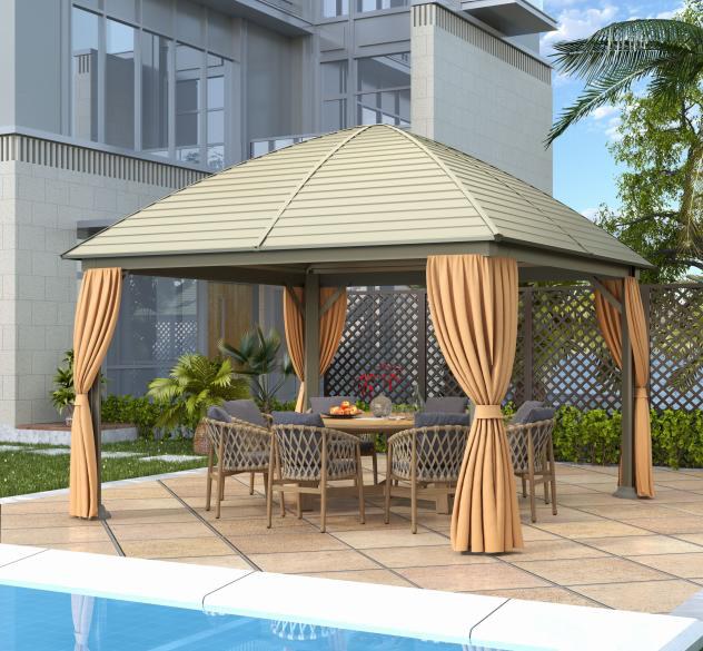Single-roof gazebo, large posts, zinc-tile roof, with mesh and fabric curtains