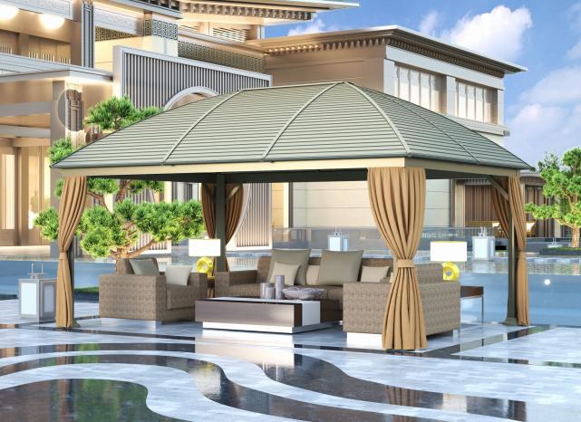 Single-roof gazebo, large posts, zinc-tile roof, with mesh and fabric curtains
