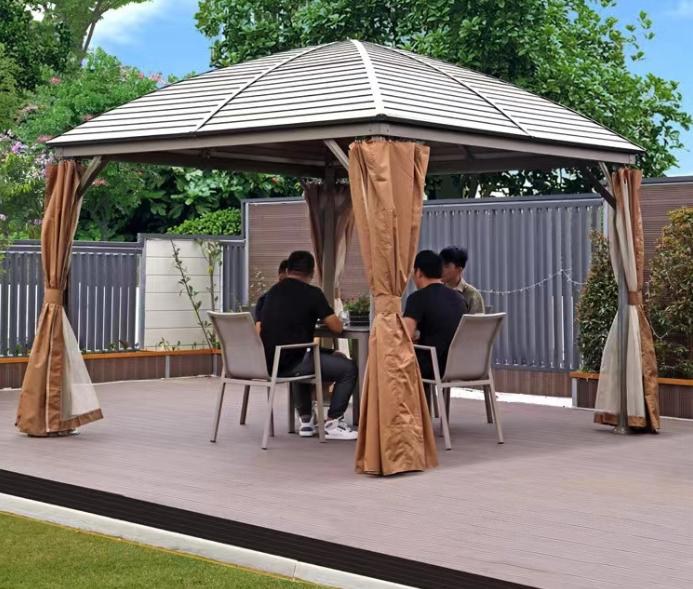Single-roof gazebo, slim posts, zinc-tile roof, with mesh and fabric curtains