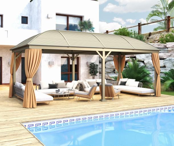 Square-post gazebo, zinc-tile steel roof, with mesh and fabric curtains