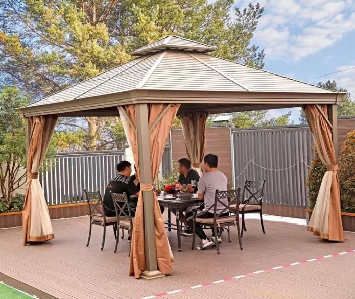 Double-roof gazebo, zinc-tile roof, with mesh and fabric curtains