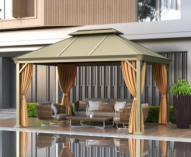 Double-roof gazebo, zinc-tile roof, with mesh and fabric curtains