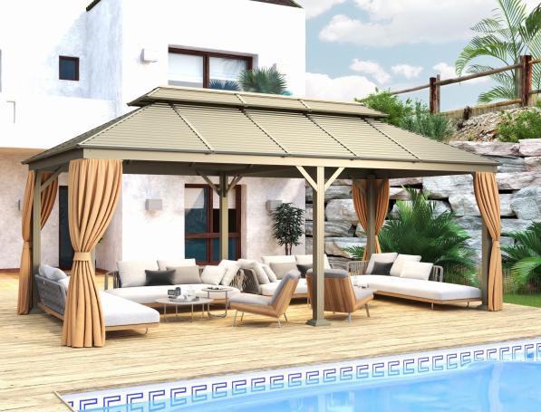 Double-roof gazebo, zinc-tile steel roof, with mesh and fabric curtains
