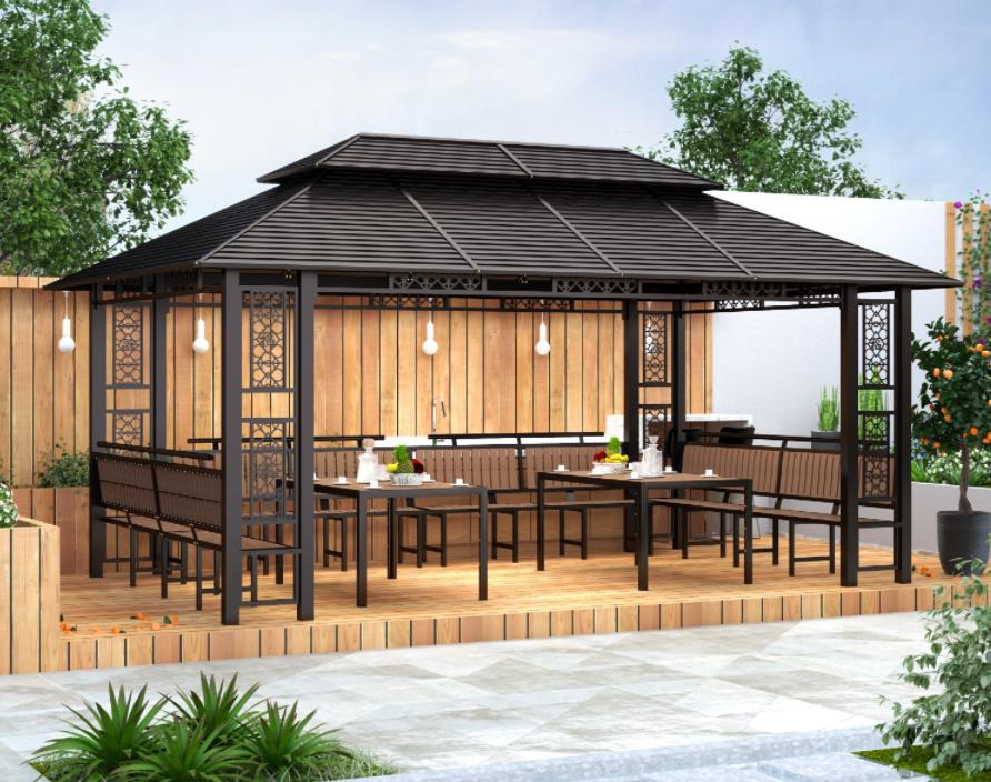 Gazebo with decorative fretwork, galvanised steel roof