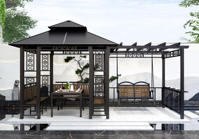 Fretwork pergola gazebo with bench seating, table, swing and railing