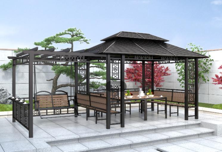Fretwork pergola gazebo with bench seating, tables, swing and railing