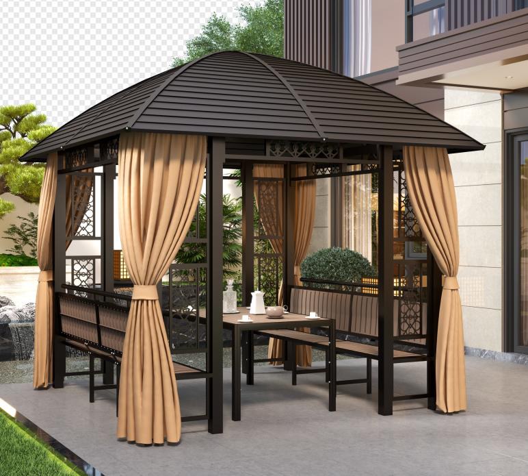 Gazebo with decorative fretwork, curved roof