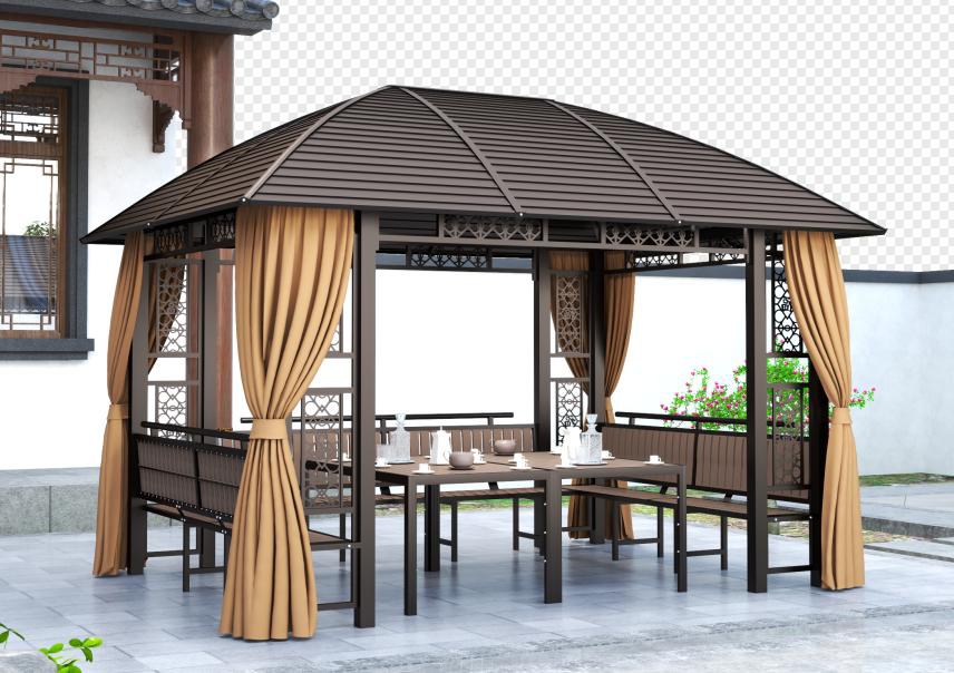 Gazebo with decorative fretwork, curved roof