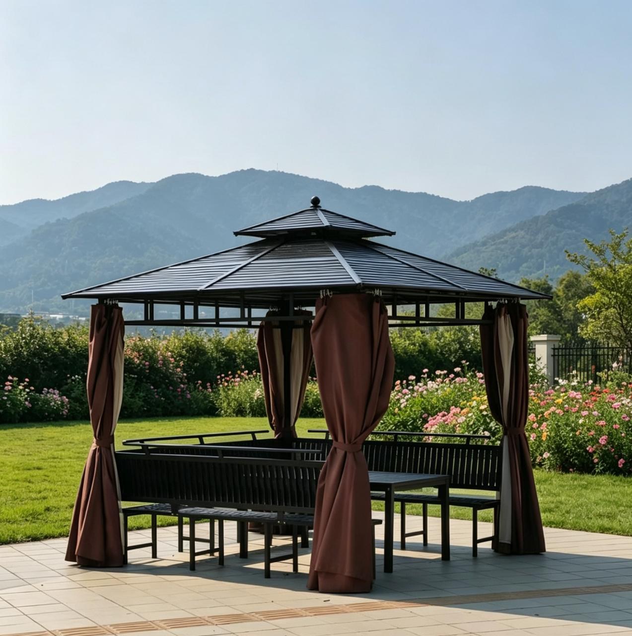Leisure pavilion with table, chairs and double curtains