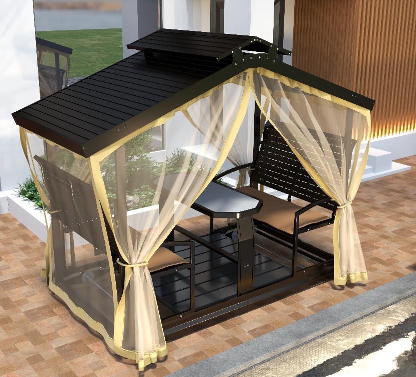 Four-seat swing chair, double galvanised roof, with mesh curtain and cushions