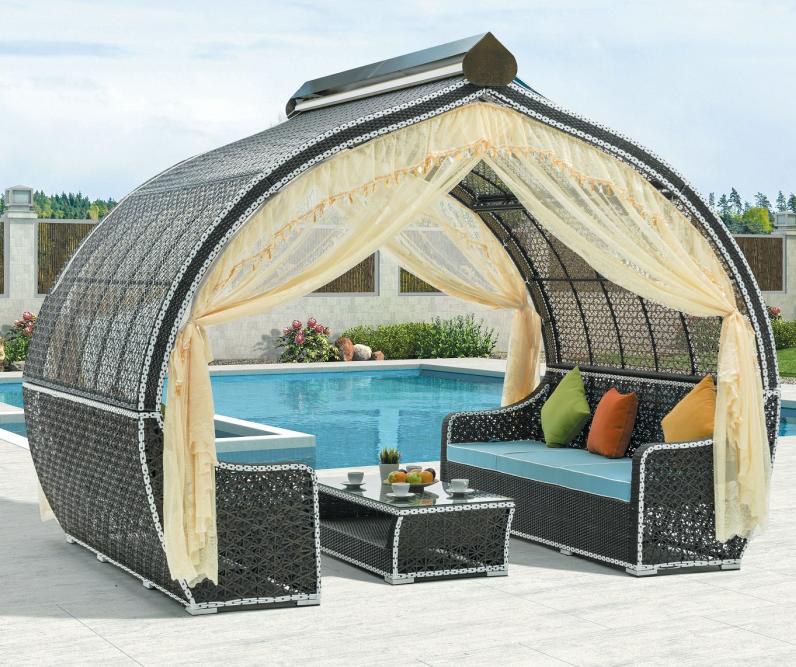 Walnut-shaped rattan four-seat swing chair with mesh curtain